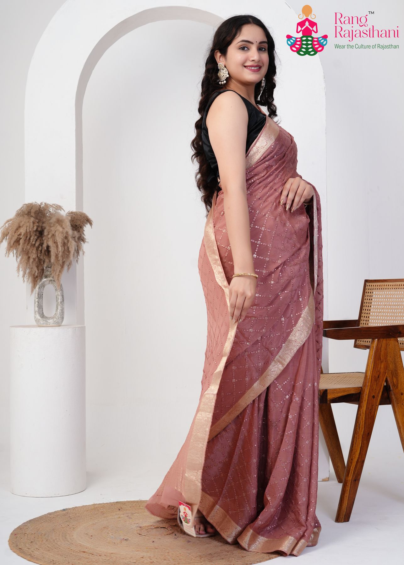Dusty Pink Pure Chinon saree with Sequence pallu detailing