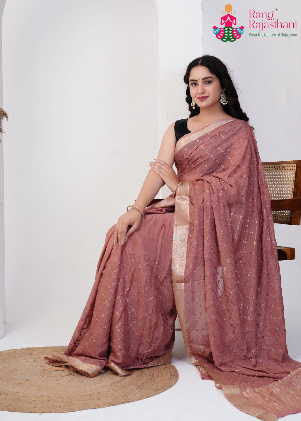 Dusty Pink Pure Chinon saree with Sequence pleats view