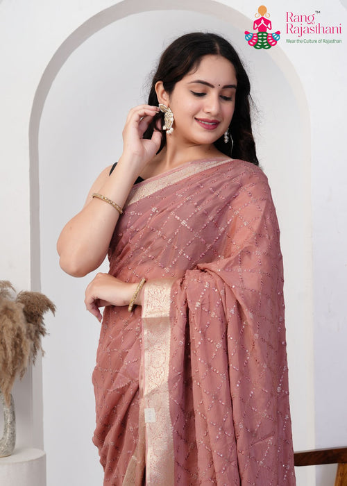 Dusty Pink Pure Chinon saree with Sequence close up detailing