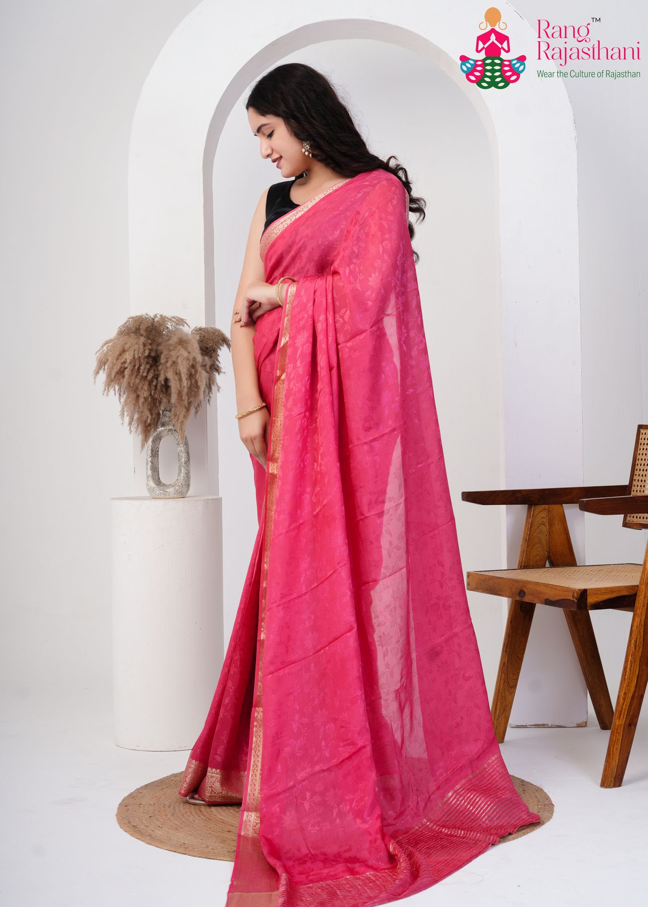 dusty pink pure saree with zari work for brother's side drape view