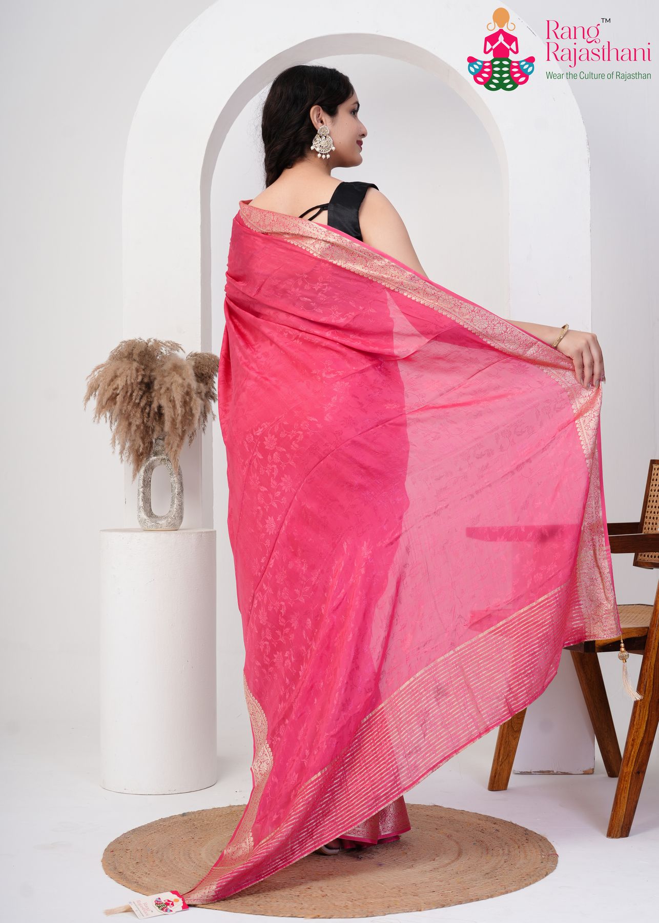 dusty pink pure saree with zari work for brother's wedding back view
