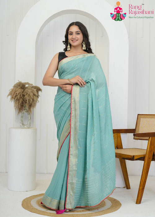 Aqua Firozi Chinon office party saree with Sequence from Rang Rajasthani