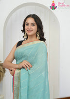 Aqua Firozi Chinon saree with Sequence back view