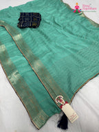 border detailing of firozi chinnon bandhani saree