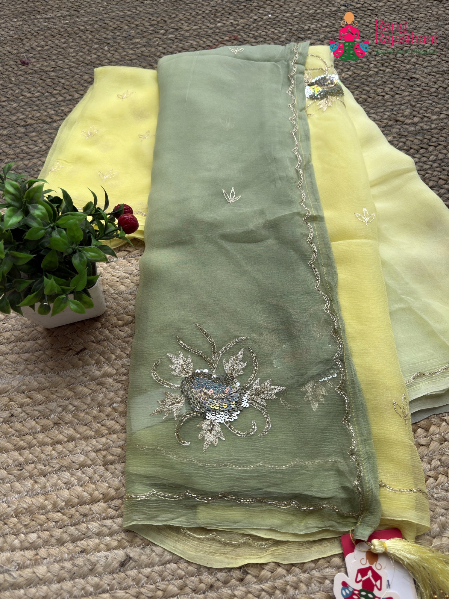 Firozi Chinnon Hand Embellishment Printed Saree for Sangeet Night | Festive Edit