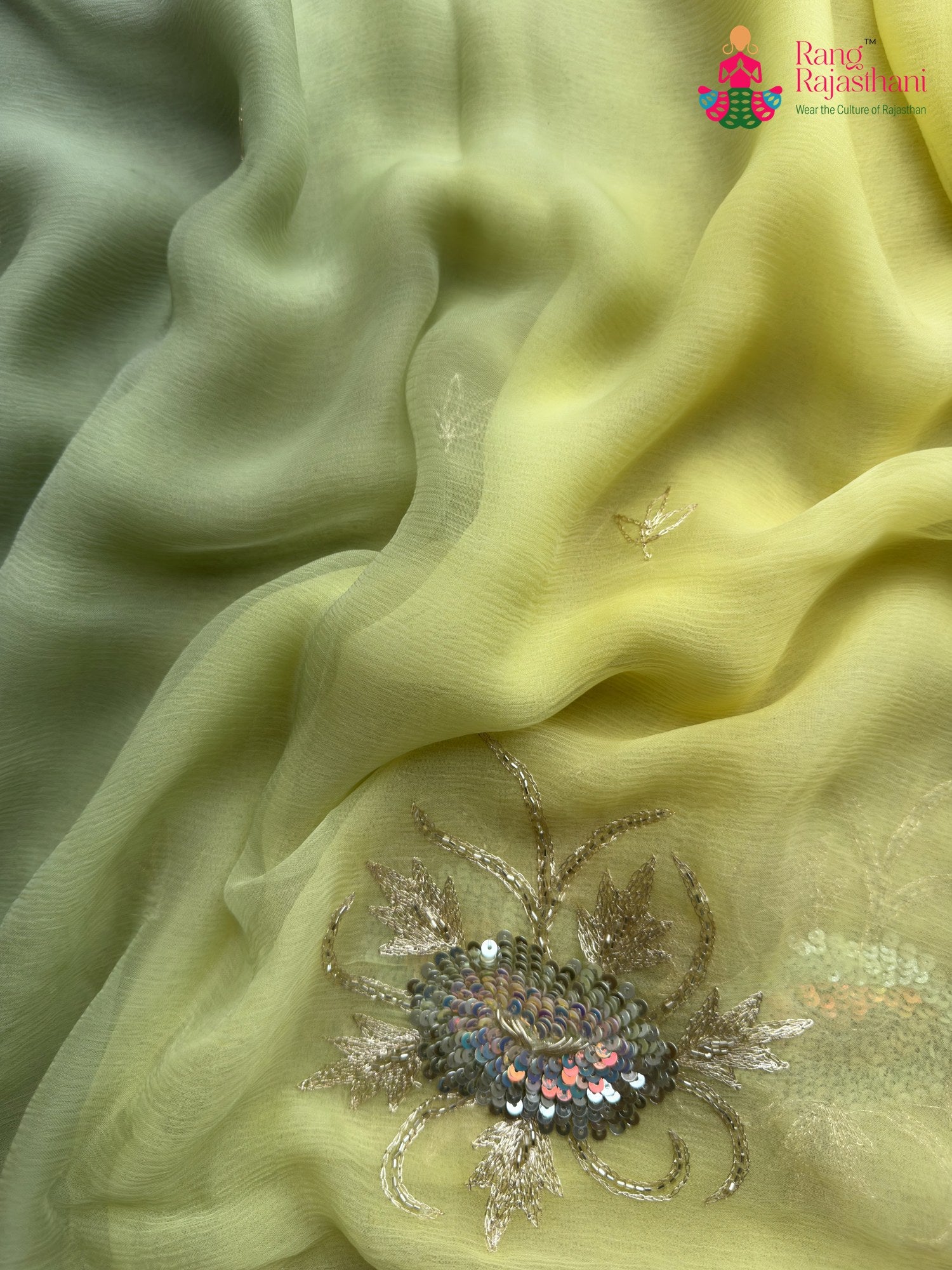 Firozi Chinnon Hand Embellishment Printed Saree for Sangeet Night | Festive Edit