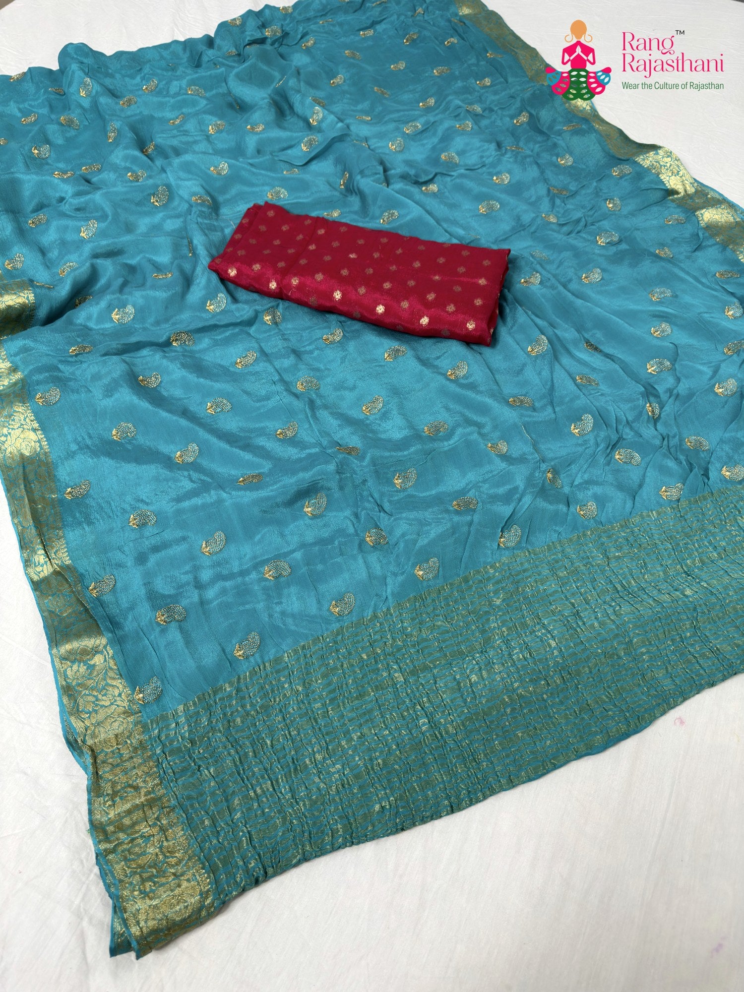 firozi chinnon resham embroidery saree for raksha bandhan by Rang Rajasthani