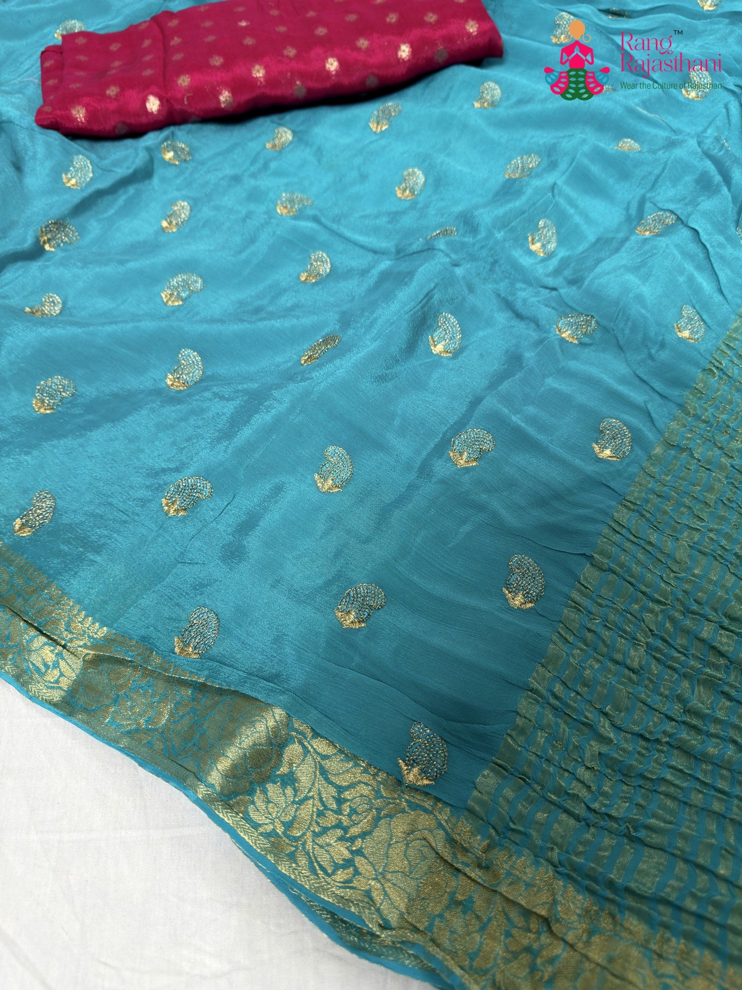 close up detailing of firozi chinnon resham embroidery saree