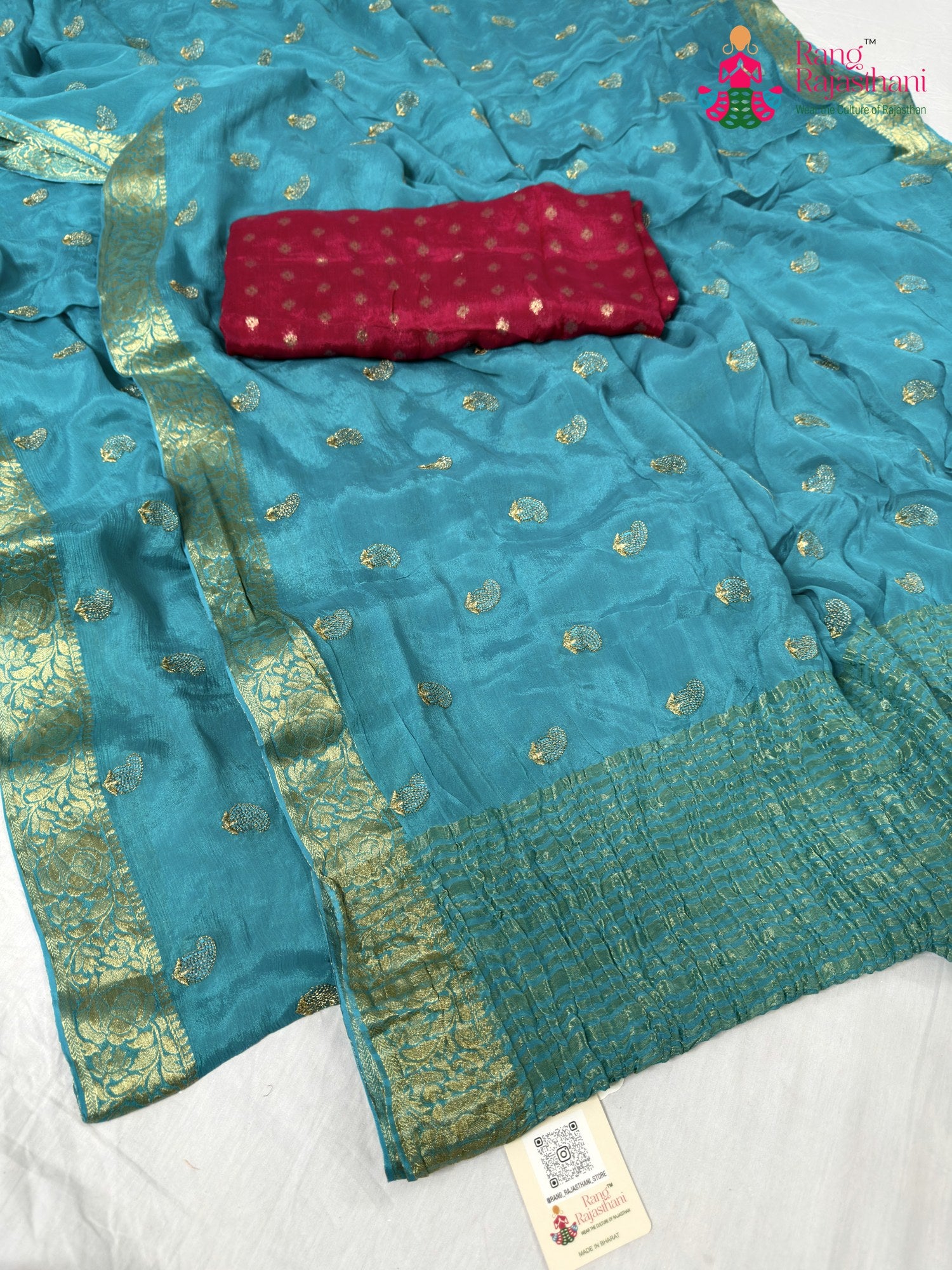 complete look of firozi chinnon resham embroidery saree