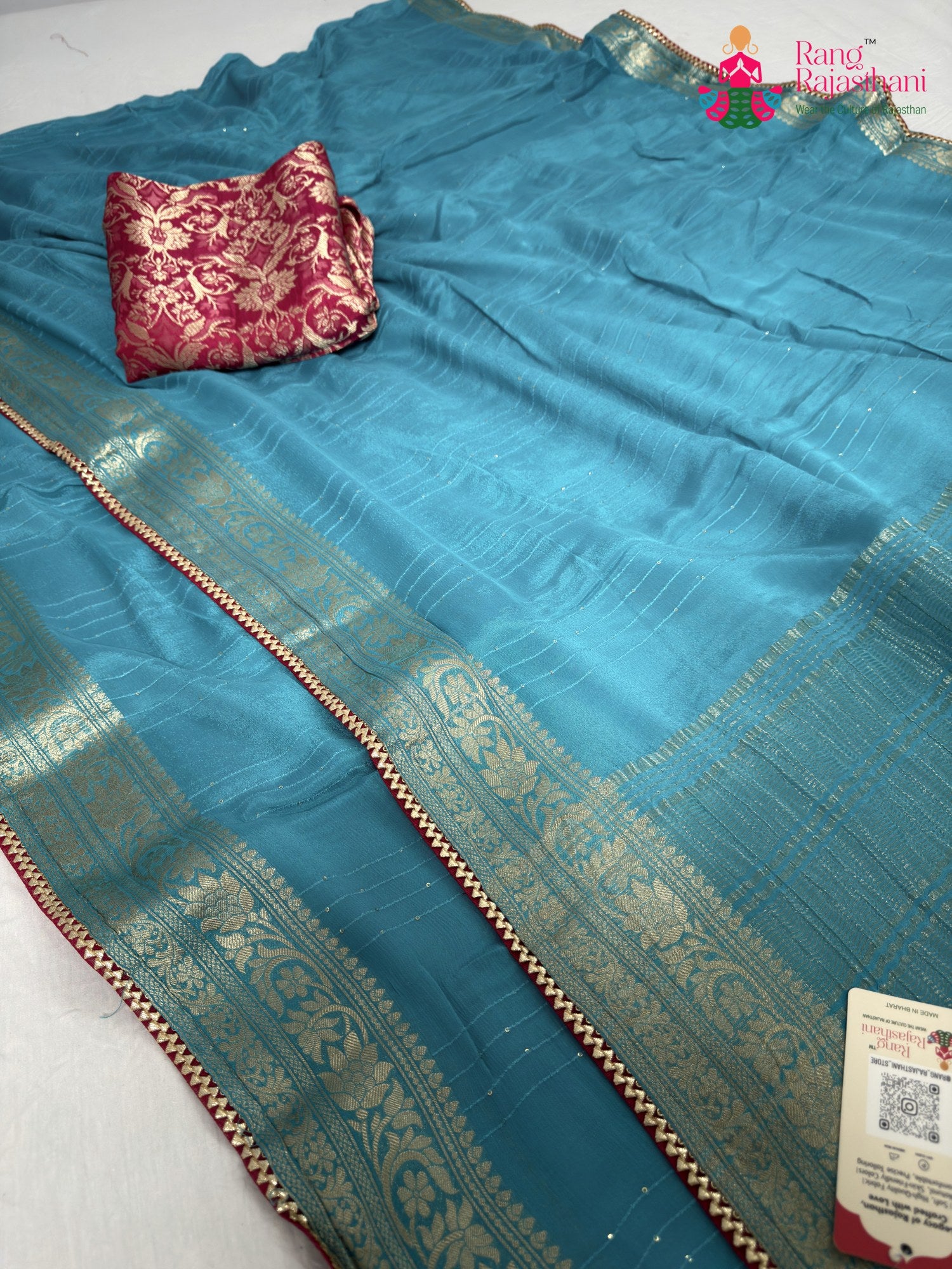 complete look of firozi chinnon saree