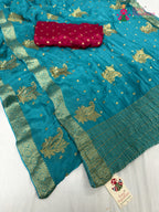 complete look of firozi chinnon sequin saree