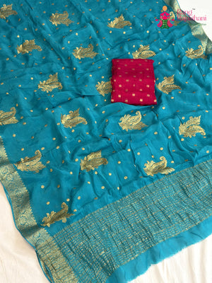 Firozi Chinnon Zari Embroidery Saree for Sangeet Night | Buy Online