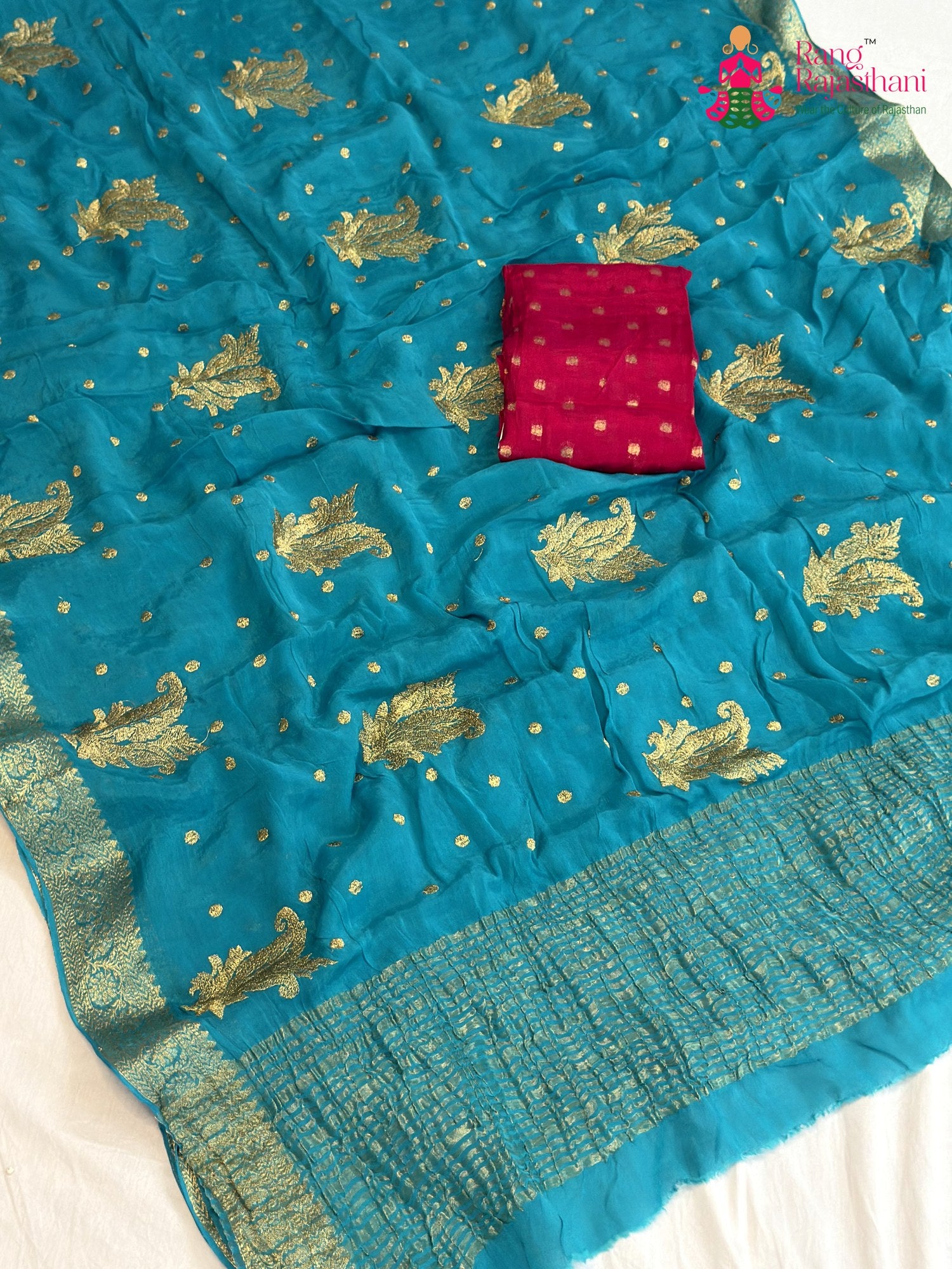 Firozi Chinnon Zari Embroidery Saree for Sangeet Night | Buy Online
