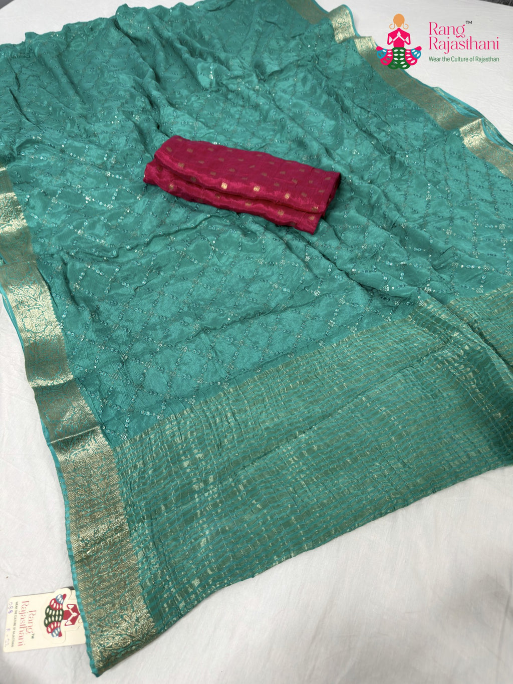 firozi chinnon sequin saree for raksha bandhan by Rang Rajasthani