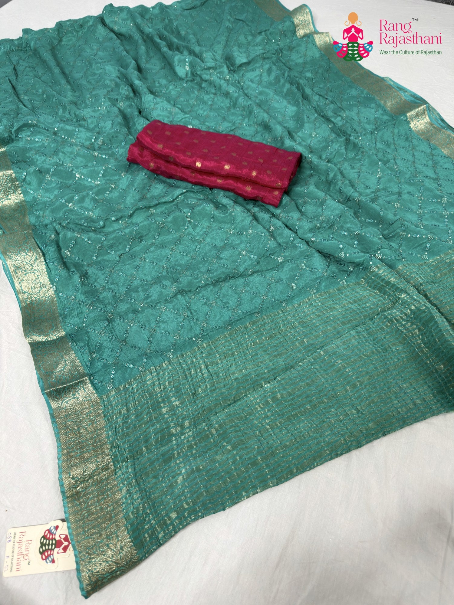 firozi chinnon sequin saree for raksha bandhan by Rang Rajasthani
