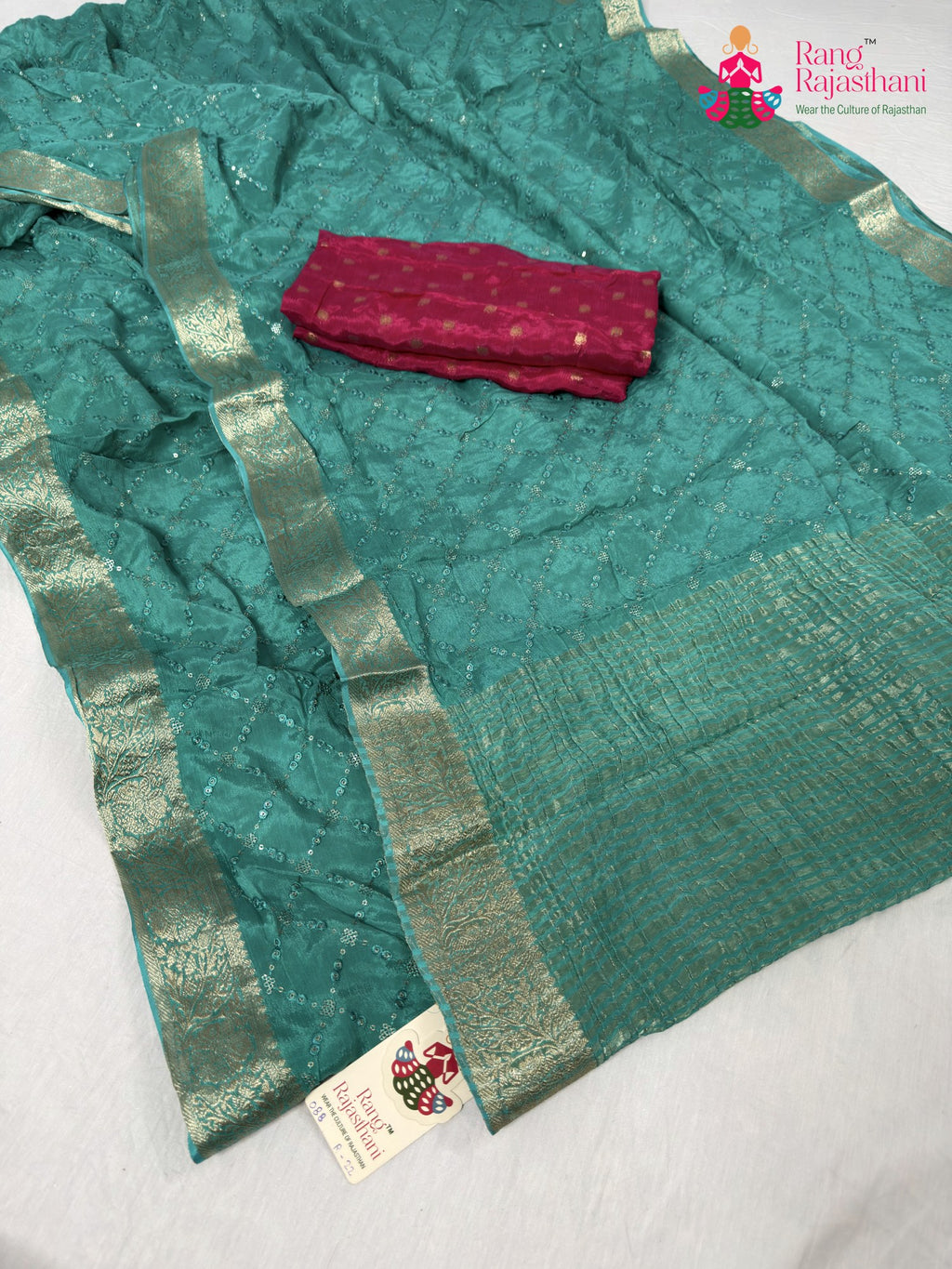 complete look of firozi chinnon sequin saree