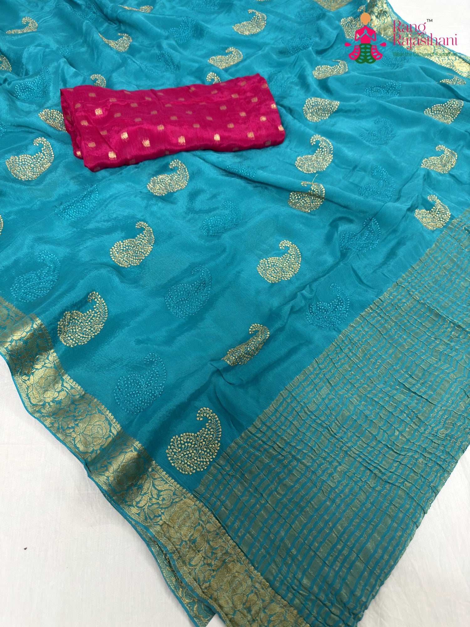 firozi chinnon zari embroidery saree for raksha bandhan by Rang Rajasthani