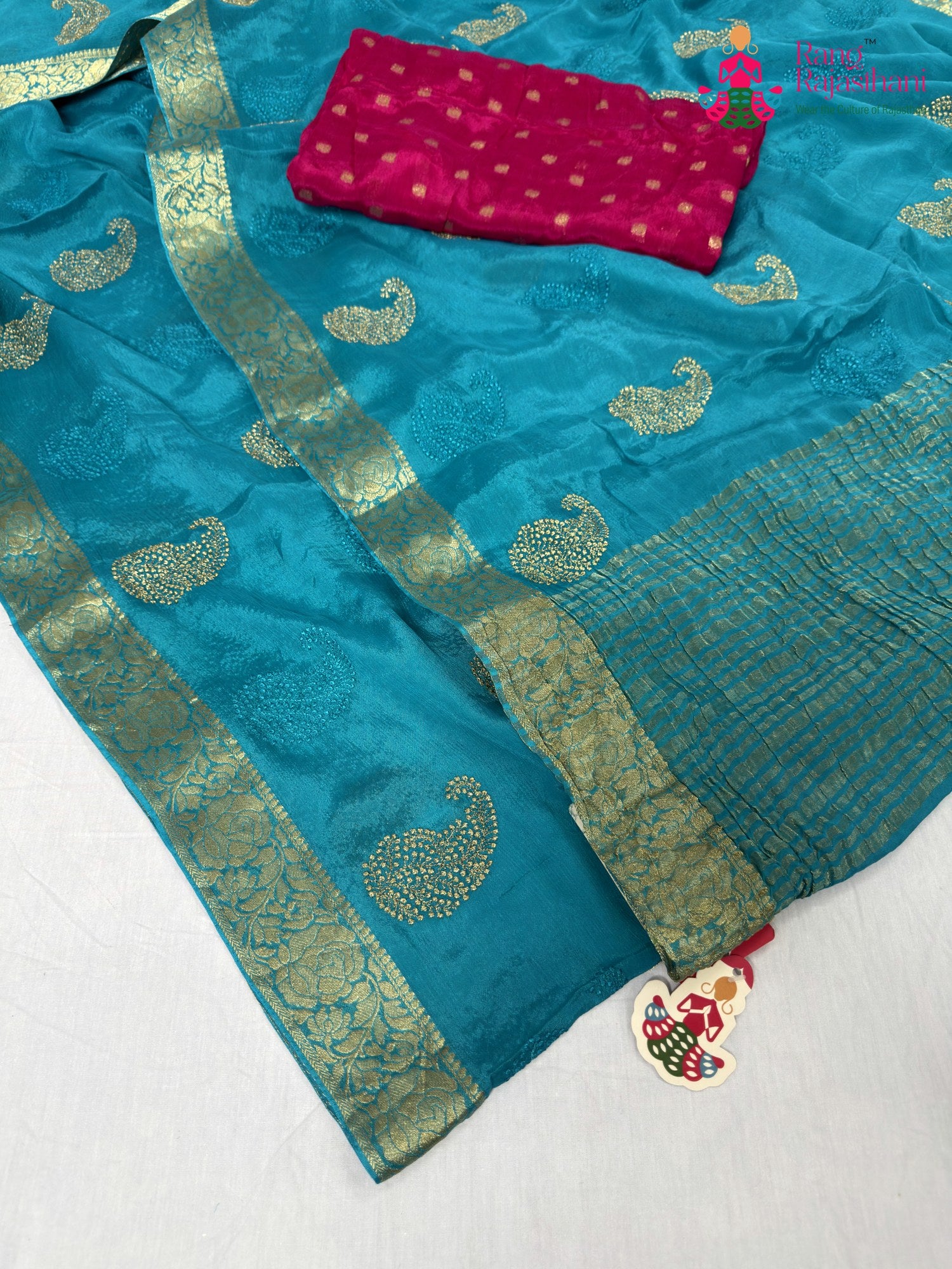 complete look of firozi chinnon zari embroidery saree