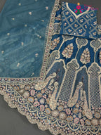 firozi net zari embroidery saree ethnic wear by Rang Rajasthani