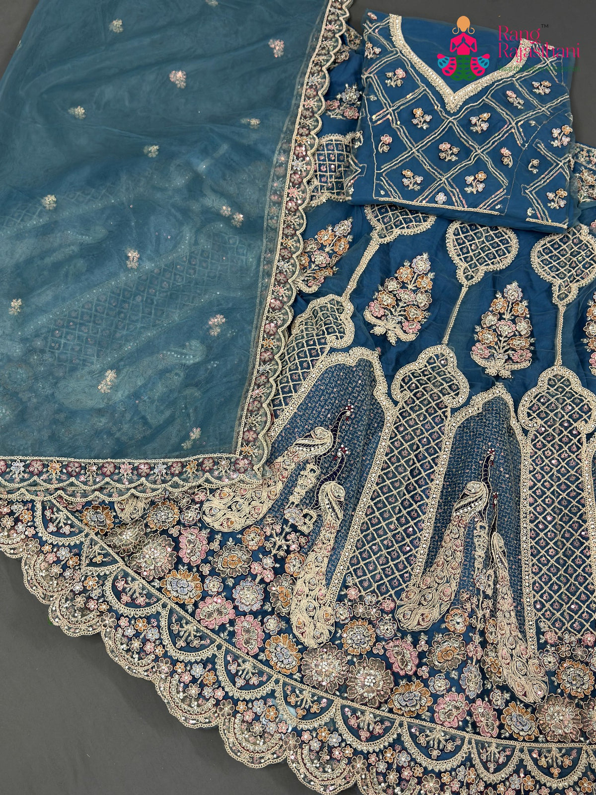 firozi net zari embroidery saree ethnic wear by Rang Rajasthani
