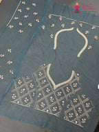 close up view of firozi net zari embroidery saree