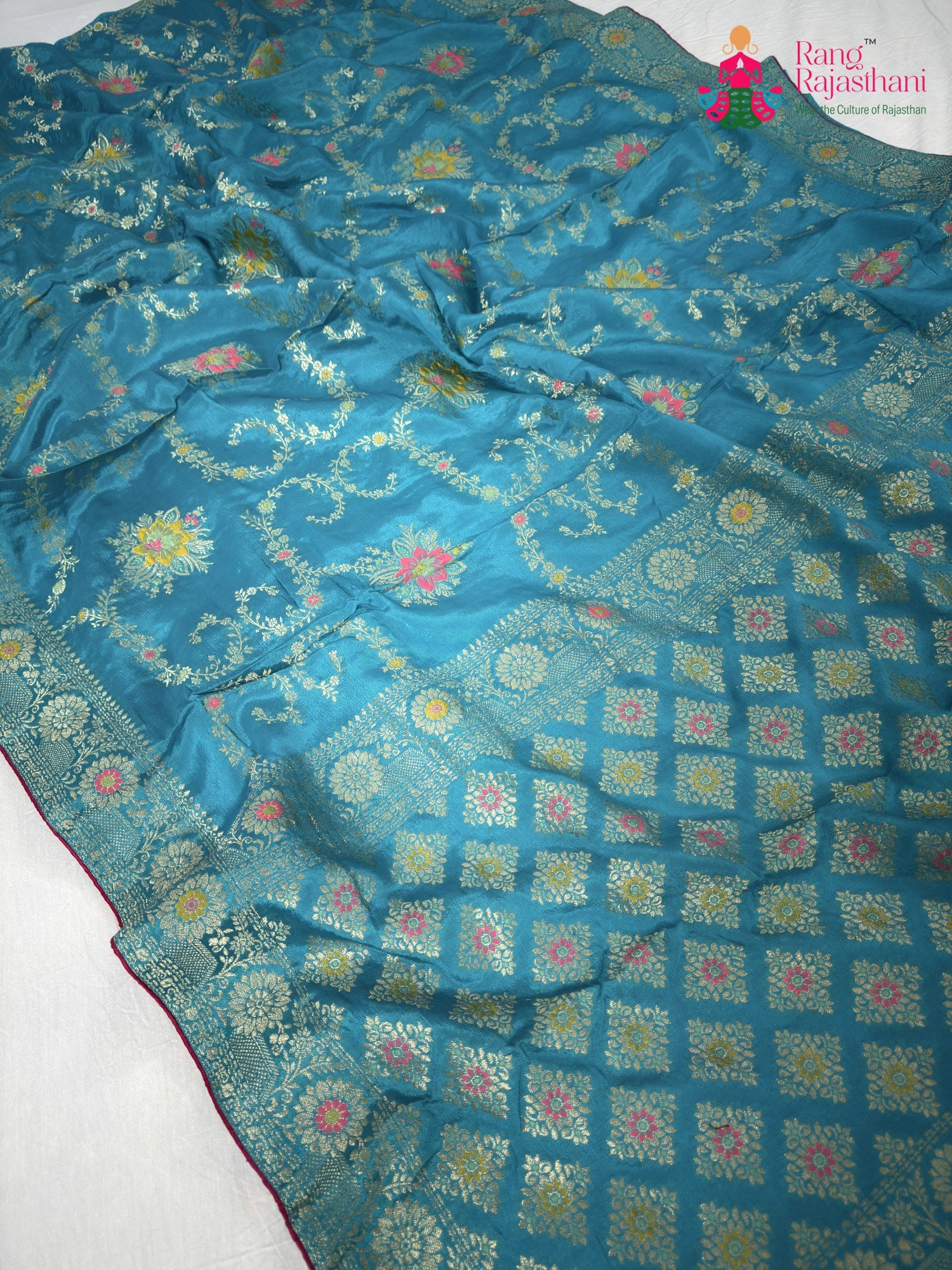 full view of firozi pure crape chinon banarasi khaddi mina jaal saree
