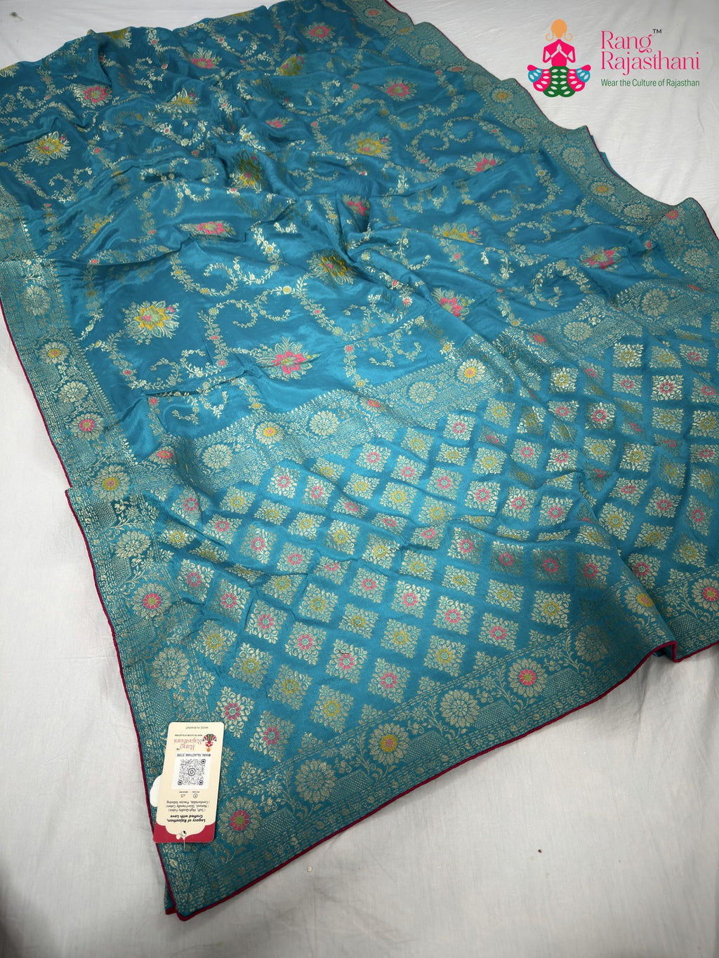 fabric texture of firozi pure crape chinon banarasi khaddi mina jaal saree