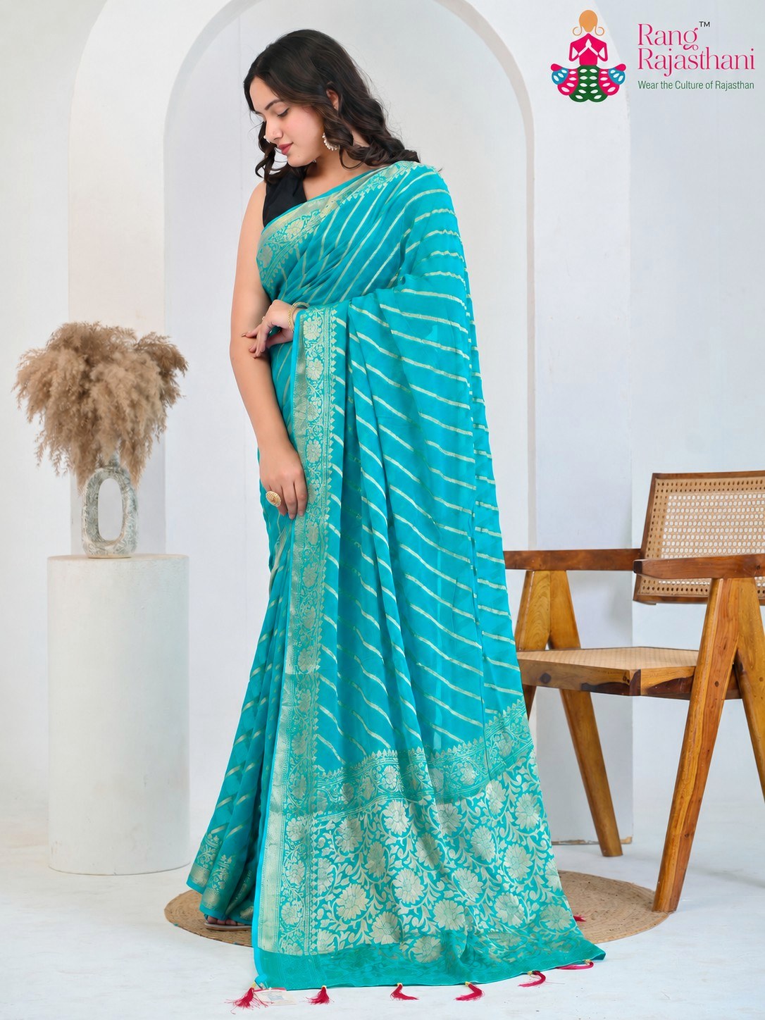 Firozi Pure Georgette saree with Khaddi Work side drape view