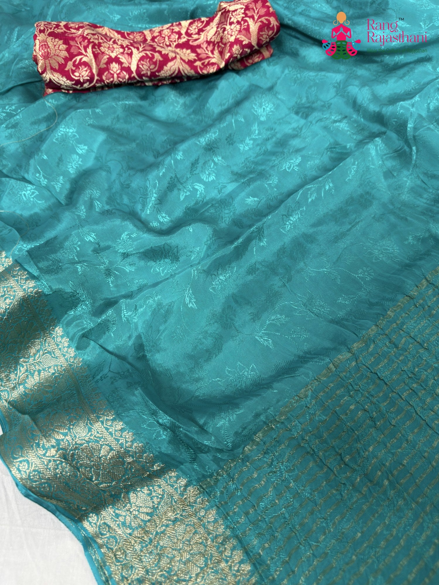 pallu detailing of firozi pure ho silk jacquard weave saree