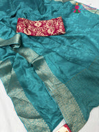 complete look of firozi pure ho silk jacquard weave saree