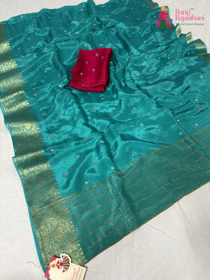 Firozi Pure Ho Silk Mirror Saree for Wedding Guest | Exclusive Edit