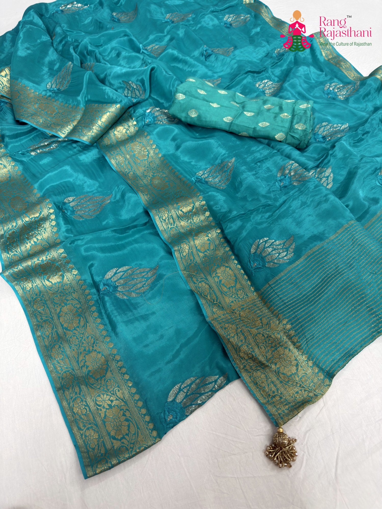 complete look of firozi pure ho silk sequin saree