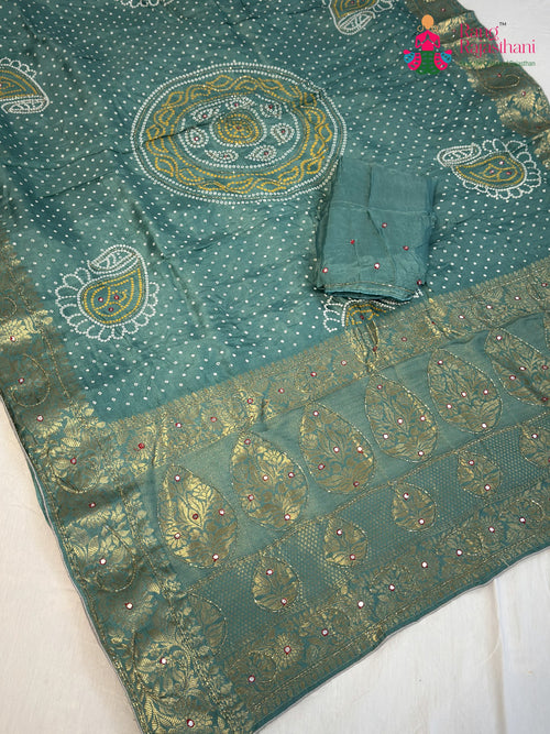 Firozi Pure Russian Silk Bandhani Print Chunri Saree for Mayra Ceremony | Signature Edit main-image