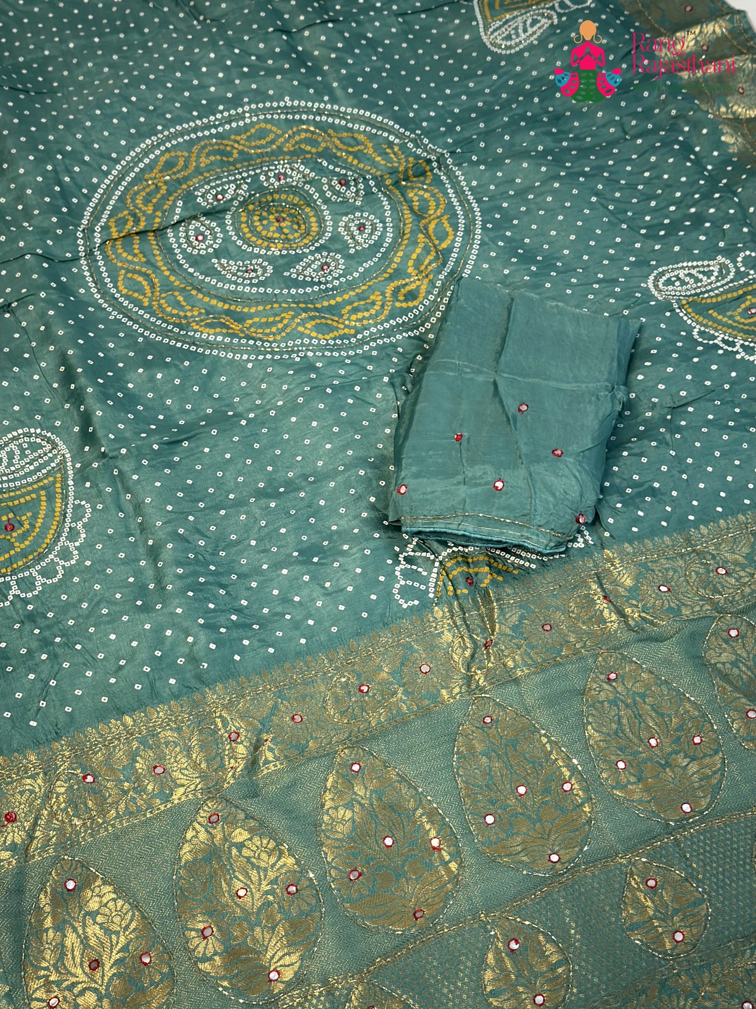 Firozi Pure Russian Silk Bandhani Chunri Saree for Mayra Ceremony | Artisan Edit