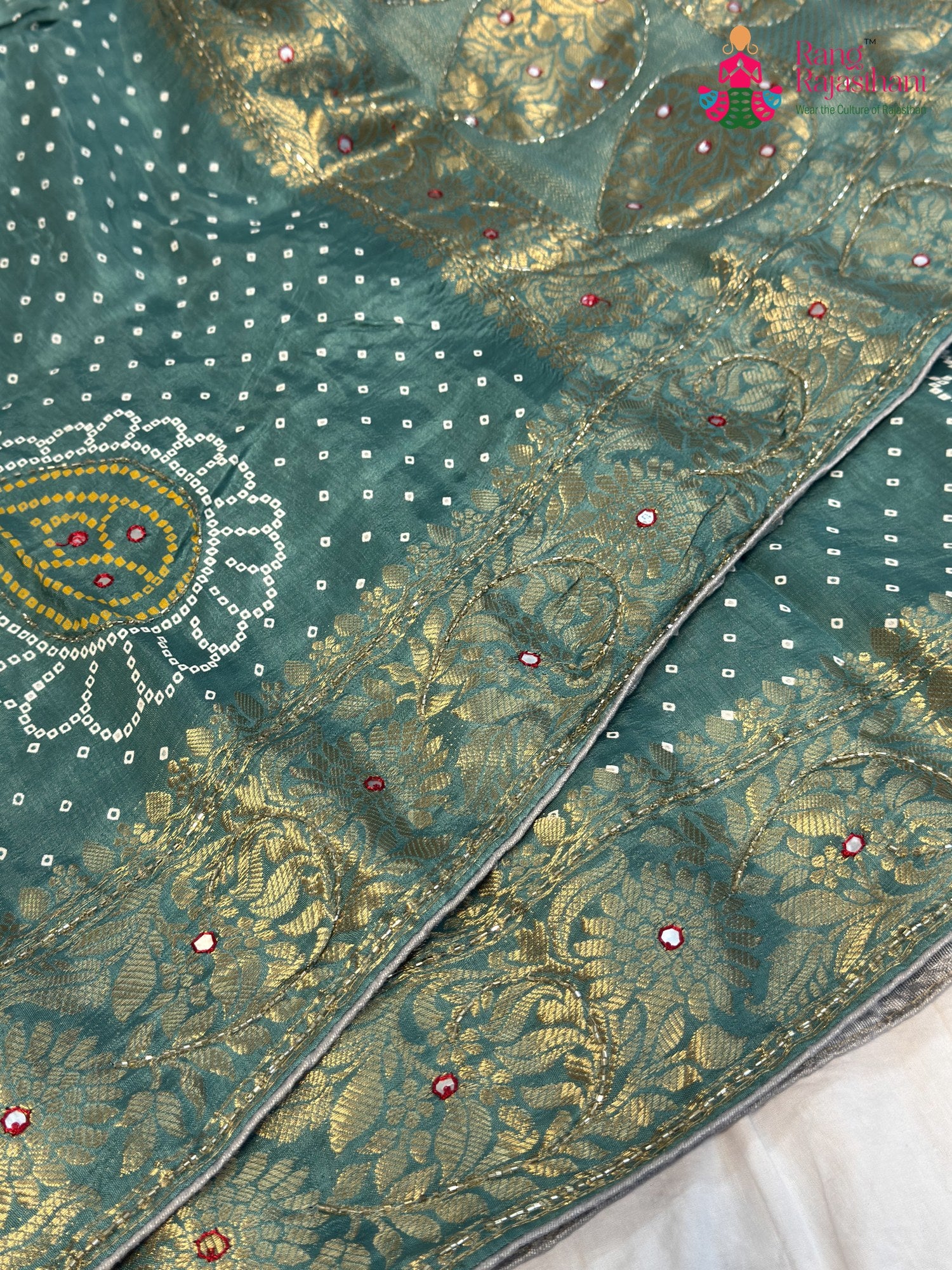 Firozi Pure Russian Silk Bandhani Chunri Saree for Mayra Ceremony | Artisan Edit