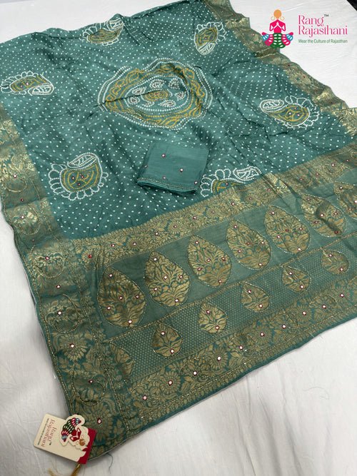 Firozi Pure Russian Silk Bandhani Saree : Fresh Ease main-image