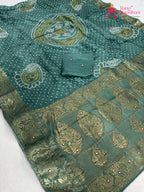 complete look of firozi pure russian silk bandhani saree