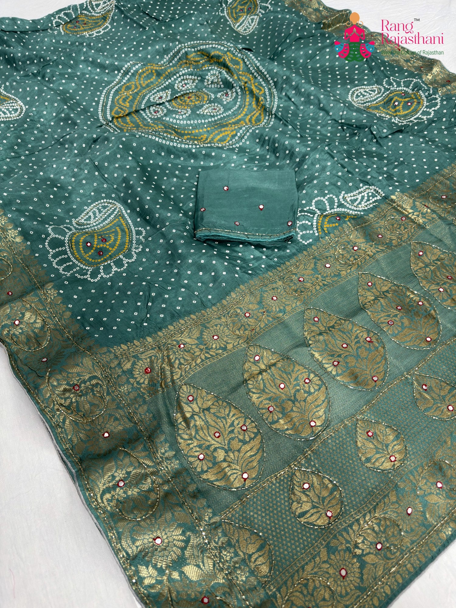 complete look of firozi pure russian silk bandhani saree