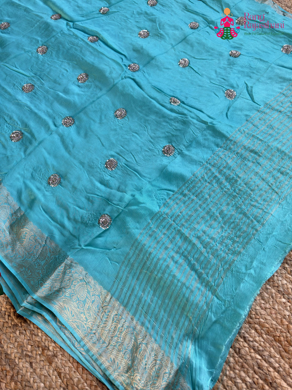 Firozi Pure Russian Silk Hand Work Saree for Mehendi Ceremony | Designer Edit