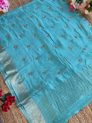 Firozi Pure Russian Silk Hand Work Saree for Mehendi Ceremony | Designer Edit
