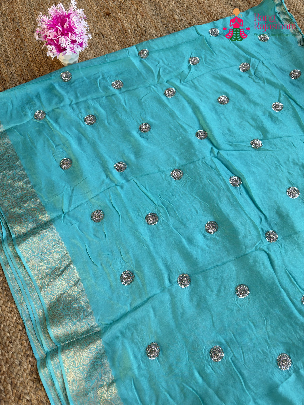 Firozi Pure Russian Silk Hand Work Saree for Mehendi Ceremony | Designer Edit