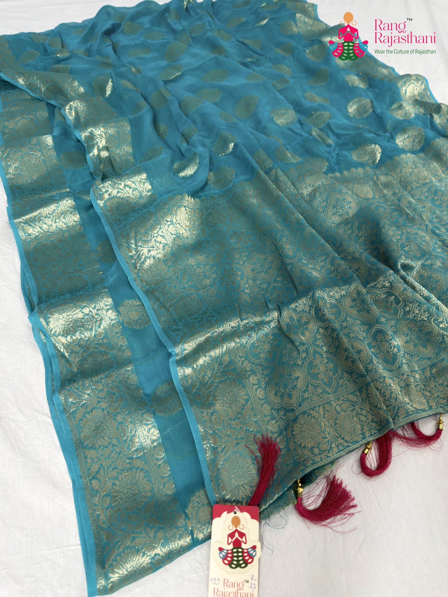 complete look of firozi soft georgette banarasi zari weave saree