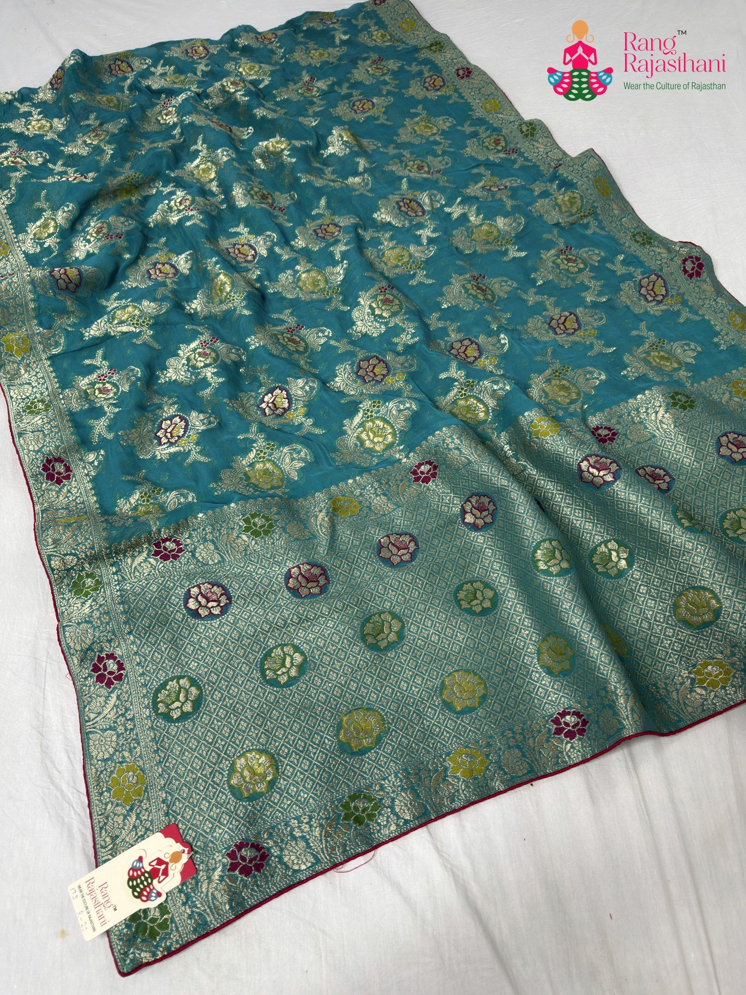 firozi soft georgette meenakari zari saree for wedding reception by Rang Rajasthani