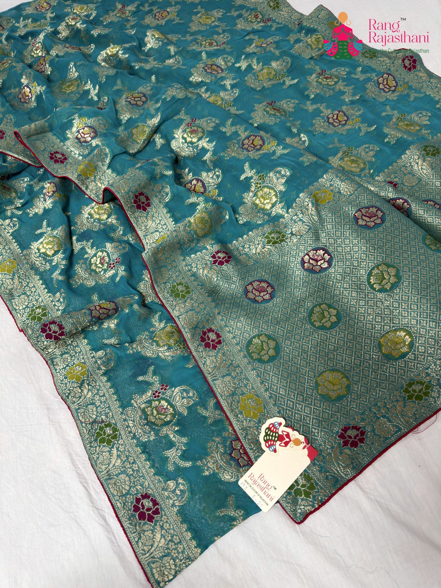 complete look of firozi soft georgette meenakari zari saree