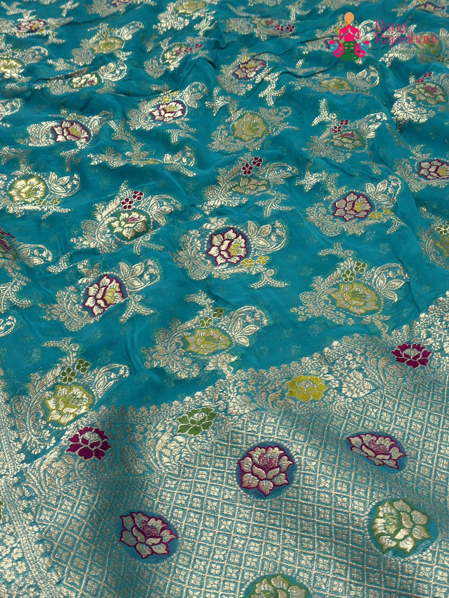 Firozi Soft Georgette Meenakari Zari Saree for Wedding Reception | Designer Pick