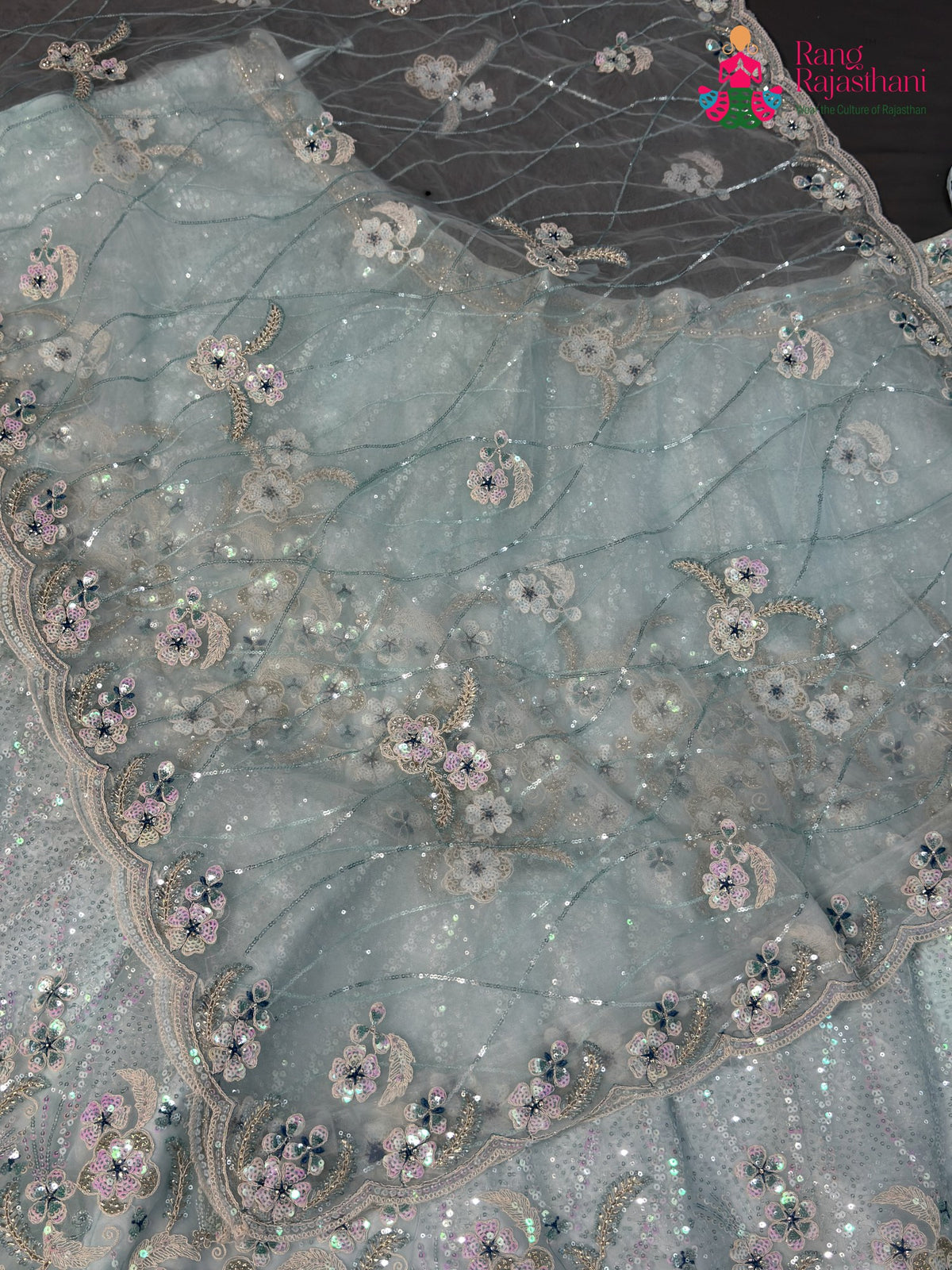 chunni detail of firozi synthetic sequin saree