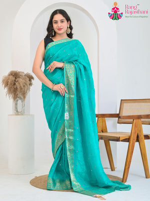 Firozi Pure Ho Silk Mirror Saree for Wedding Guest | Exclusive Edit