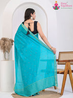 Firozi Pure Ho Silk saree with Mirror Work back view