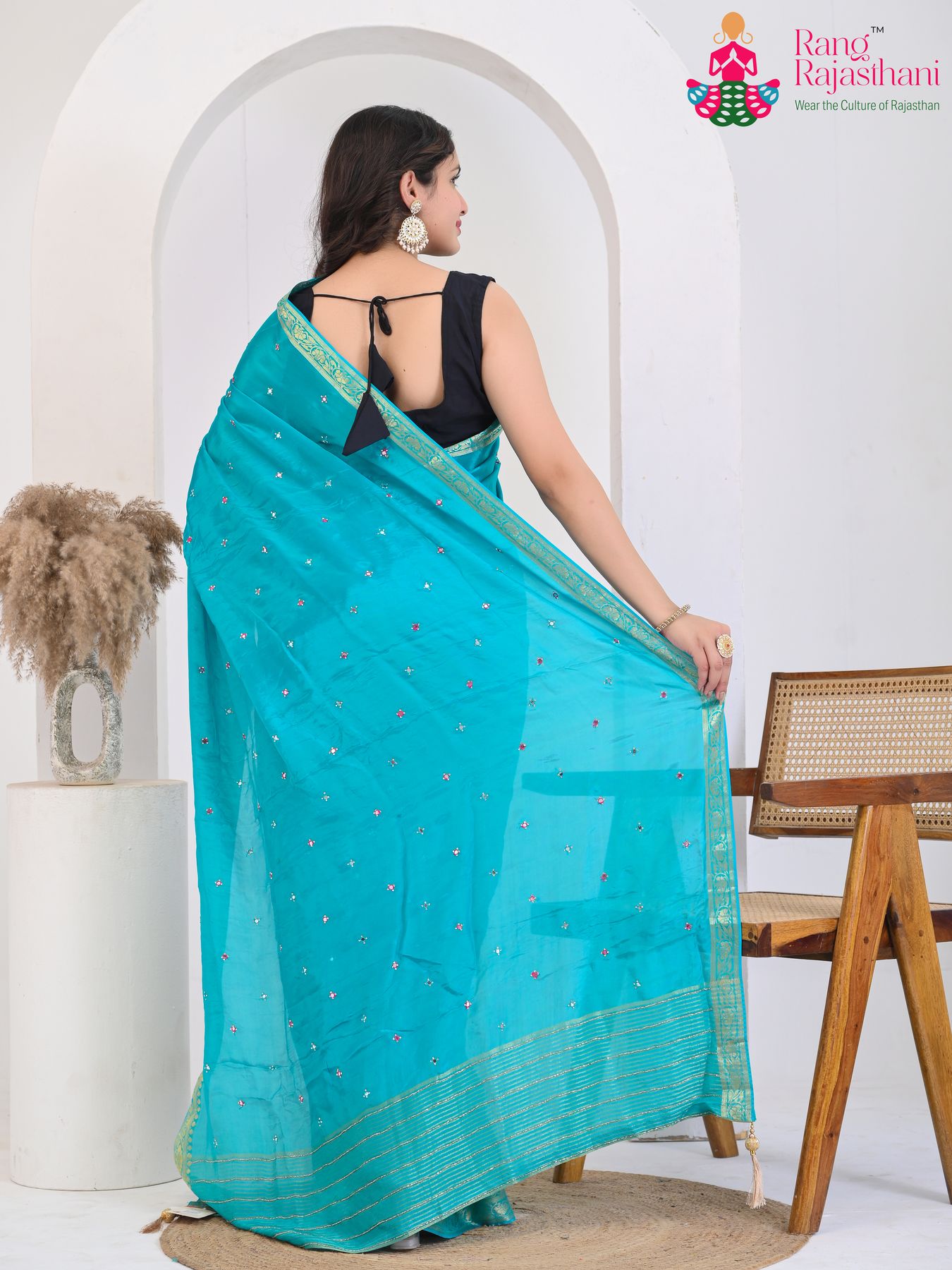 Firozi Pure HO Silk Elegant Work Saree : Sparkling Mirror