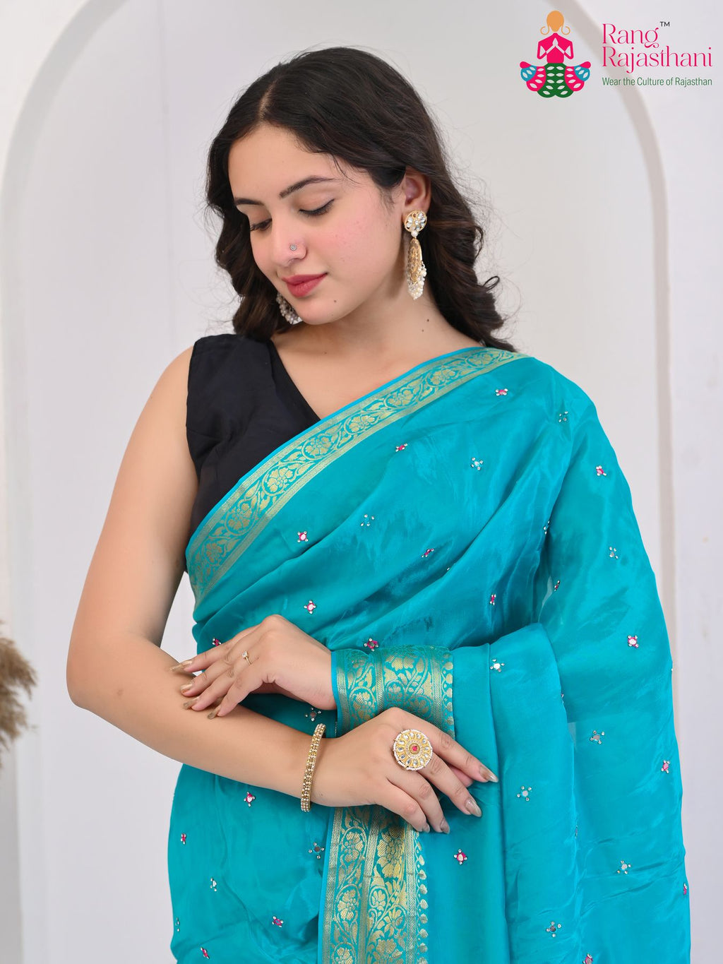 Firozi Pure HO Silk Elegant Work Saree : Sparkling Mirror